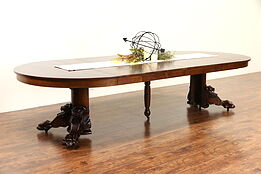 Oak Antique 1900 Round 54" Dining Table, 6 Leaves, Carved Lion Heads & Paws