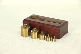 Set of 5 Antique Brass Scale Weight Set, 5-100 Grams, Case #29004