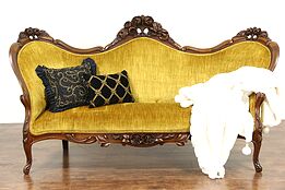 Victorian 1860 Antique Walnut Sofa, Hand Carved Roses