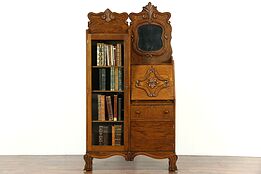 Victorian Antique 1900 Carved Oak Side by Side Secretary Desk & Bookcase