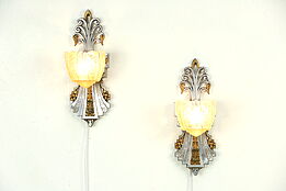Antique Pair of Art Deco 1925 Wall Sconces Lights, Original Etched Glass Shades