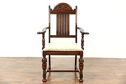 English Tudor Oak 1920 Antique Desk Chair or Dining Armchair, New Upholstery