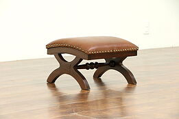 Victorian Antique 1880 Walnut Foot Stool, Leather Upholstery #30465