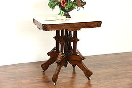 Victorian 1880's Antique Marble Top Carved Walnut & Burl Lamp Table