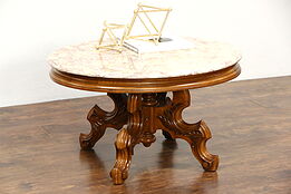 Victorian Style Vintage Carved Walnut Oval Coffee Table, Rose Marble Top