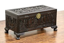 Chinese Camphor Wood Trunk, Dowry Chest or Coffee Table, Carved Ship Motif