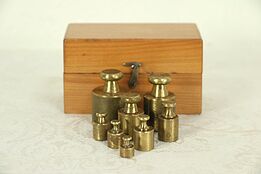 Set of 8 Antique Drug Apothecary Weights & Fruitwood Case, 20-3000 Grains #29002