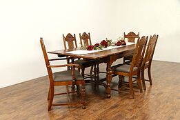 Bernhardt Signed Antique English Tudor Oak Dining Set, Table, 6 Chairs #30894