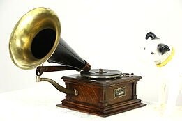 Victor Type E Oak Wind Up Phonograph & Horn, Early 1900's Antique Record Player