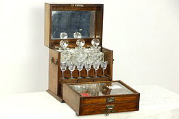 English Oak 1890 Antique Portable Bar Cabinet, Decanters, Waterford Goblets