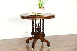 Victorian 1880 Antique Oval Walnut Parlor Lamp Table, Carved Pedestal