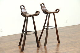 Pair of Primitive Hand Hewn Ash & Wrought Iron Asian Stools