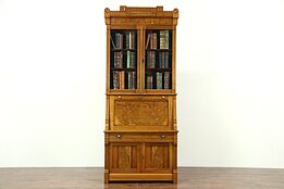 Victorian Eastlake Antique Walnut Secretary Desk & Bookcase, Wavy Glass Doors