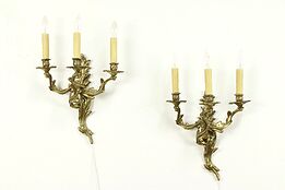 Pair of Solid Brass Rococo Vintage Triple Wall Sconce Lights #31091
