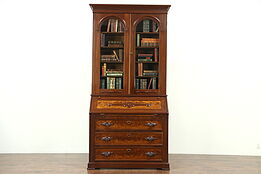 Victorian Antique 1870 Mahogany Secretary Desk, Bookcase Top, Birdseye Interior