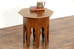 Oak & Marquetry Octagonal 1910 Era Stand or Chairside Table, Secret Compartment