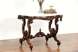 Victorian 1850's Antique Marble Top Carved Walnut Parlor Lamp Table