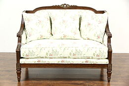 Carved Fruitwood Loveseat, New Upholstery, Down Cushions, Signed Jeffco