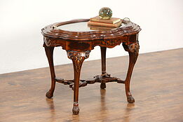 Carved Walnut & Bird Marquetry 1930's Vintage Coffee Table, Glass Tray