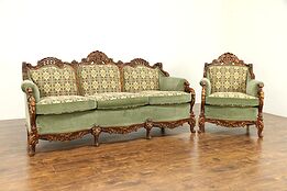 Sofa & Chair Antique Set, Carved Bird & Shell,  Motif, New Upholstery #31058