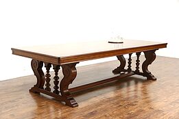 Conference, Library or Dining 10' Walnut Antique 1920 Table, Carved Trestle Base
