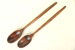 Pair of Antique Hand Carved Long Wooden Kitchen Pantry Spoons #29401
