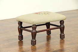 Mahogany Antique Footstool, Hand Stitched Needlepoint Upholstery #30737