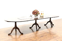 Banquet Size Mahogany Triple Pedestal 12' 4" Dining Table, Signed Kittinger NY
