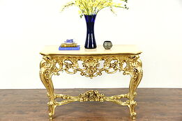 Italian Carved Hall Console Table, Marble Top, Burnished Gold Finish