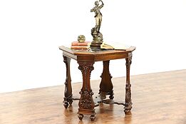 Walnut & Black Portoro Marble 1925 Antique Carved Hall Center or Lamp Table