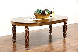45" Round Oak Antique 1900 Dining Table, 3 Leaves, Spiral Legs