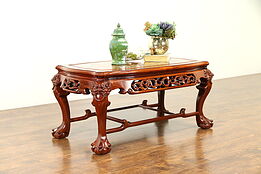 Chinese Rosewood Vintage Coffee Table, Pearl Inlay, Carved Temple Lions #31120