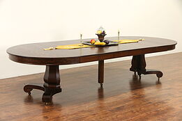 Round 54" Antique 1900 Oak Pedestal Dining Table, 6 Leaves, Extends 10' 6"