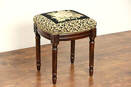 Carved Vintage Fruitwood Stool or Bench, Needlepoint Upholstery