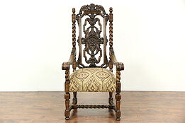 Renaissance Carved Oak Antique 1910 Throne or Hall Chair, New Upholstery
