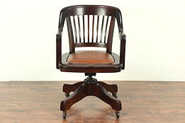 Oak Antique Adjustable Swivel Desk Chair, Signed & Pat. 1914, New Leather #28977
