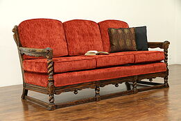 English Tudor Antique Carved Oak Club Sofa, Kittinger, New Upholstery #30847