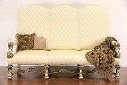Renaissance Carved 1910 Antique Painted Hall Settee or Sofa, New Upholstery