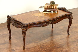 Coffee Table, 1940's Vintage, Carved Angels or Cherubs, Classical Marquetry