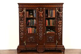 Italian Renaissance Carved 1900 Antique Walnut Library Bookcase or China Cabinet