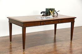 Library Table Writing Desk, Vintage Walnut, Tooled Leather Top