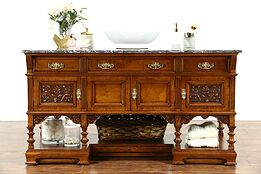 Carved Walnut Antique Marble Top Vessel Sink Vanity, Console Cabinet