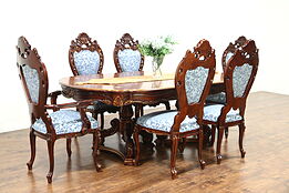 Baroque Carved Cherry Vintage Dining Set, Table, 6 Chairs, Signed Montalban