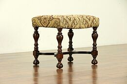 English Tudor Antique 1920 Walnut Stool or Bench, New Upholstery #30338