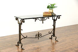 Wrought Iron & Black Marble 1915 Antique Console, Hall or Sofa Table #26919