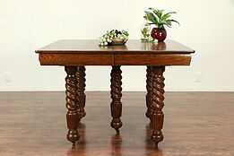 Oak Antique Victorian Square Dining Table, 2 Leaves, Spiral Legs  #29271