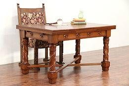 Dutch Oak Carved Antique Desk, Library or Dining Table, Pull Out Leaves #29716