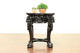 Chinese Antique Carved Rosewood Table or Pedestal, Rose Marble #30405