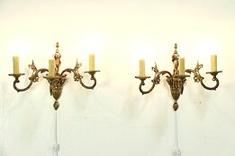 Pair Vintage Brass Triple Wall Sconce Lights, Figures, Faces & Birds, Spain