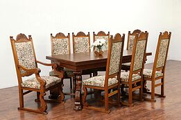 Oak Scandinavian Antique Dining Set, 10' Table, 8 Chairs Carved Lion Paws #30030